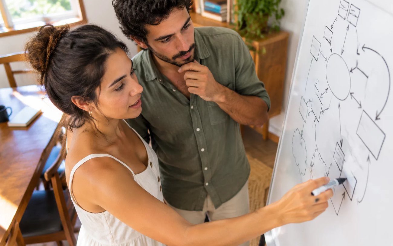 Duas pessoas em pé diante do quadro branco, desenhando a estrutura de um argumento
